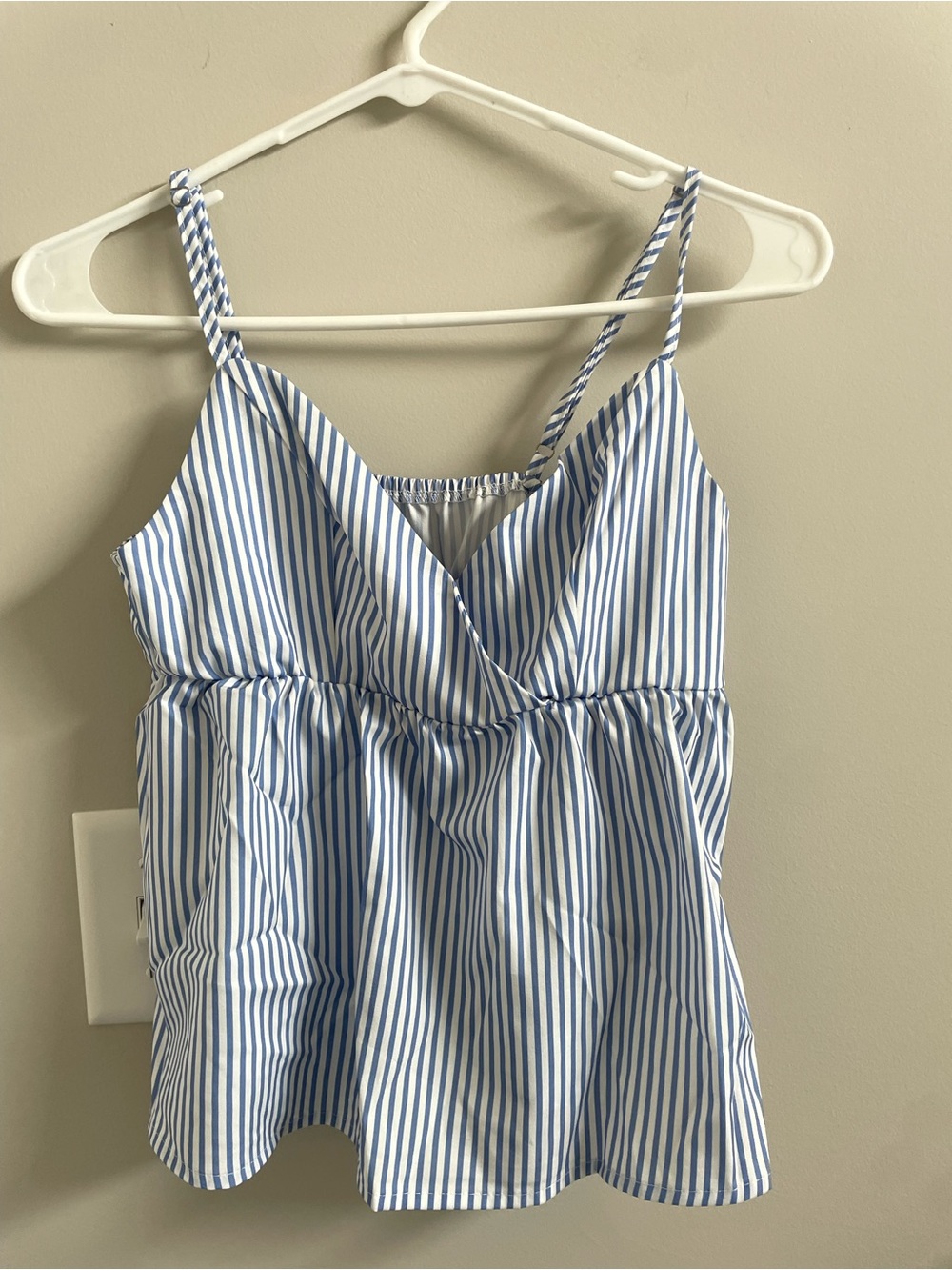 blue and white striped top
